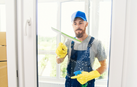 male janitor using squeegee clean window office wearing apron gloves as he works 1